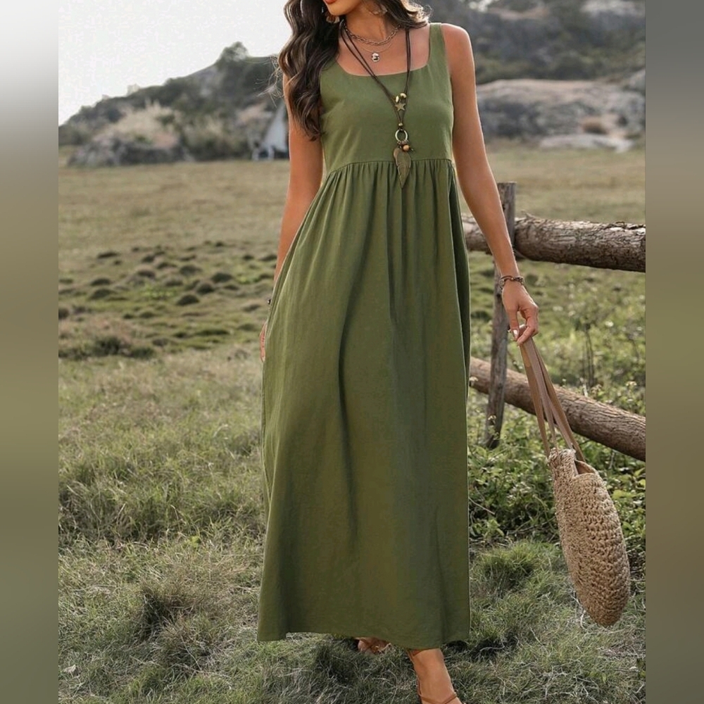 NEW Textured Cotton Cami Tank Maxi Dress Olive Green - Picture 6 of 8